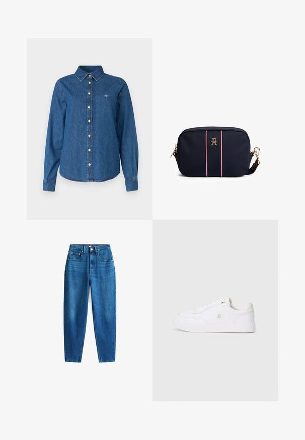 GANT REG - Skjortebluser - indigo; Blå denim jeans med lige ben-design, fem lommer, knap- og lynlåslukning samt let falmning for teksturvariation.; Hvide sneakers med en glat, syntetisk overdel, rund tå og flade snørebånd. Har et guld-logo på siden og en tekstureret hvid sål.; Marineblå nylon taske med lynlåslukning, der har røde og hvide striber samt et guldfarvet logo på fronten. Medfølgende justerbar rem.