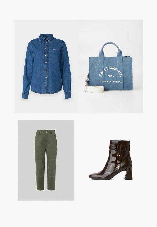 GANT REG - Skjortebluser - indigo; Oliven grøn cargo-bukser med lige ben-design, der har laplommer, kontraststing og en knaplukning i taljen.; Brun laklæder ankelstøvle med spids tå, firkantet hæl, sidelås og tre dekorative gyldne knapper. Glat, blank overflade.; Denim totebag i lys blå med to øverste håndtag og en aftagelig rem. Funktioner hvid tekst: "KARL LAGERFELD PARIS 21 RUE ST-GUILLAUME."