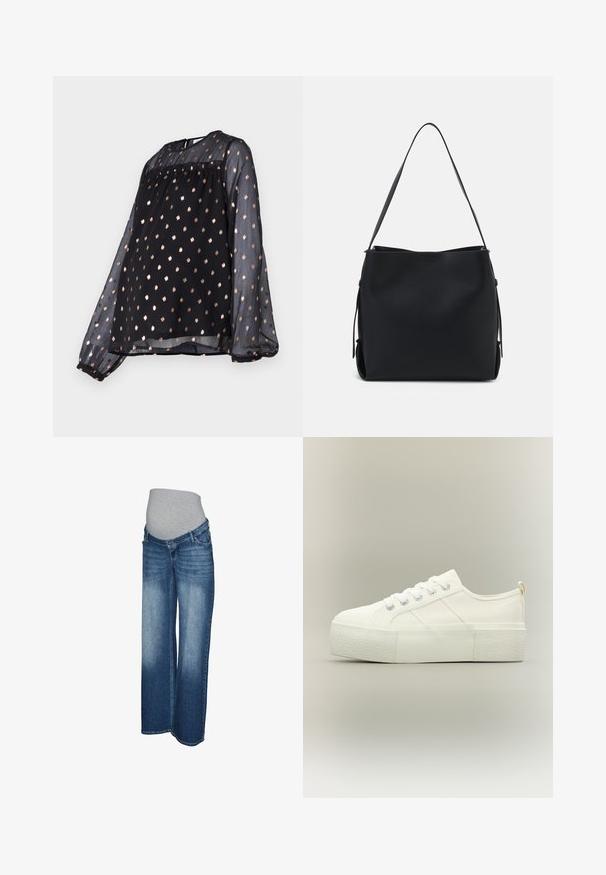 Langærmet sort bluse lavet af gennemsigtigt stof, med rund halsudskæring og guldprikker overalt. Løs pasform med samlede ærmer.; Graviditetsjeans i lys til mørkeblå denim. Bredbenet design med en grå elastisk linning for komfort og stræk. Ingen synlige metaldele.; Hvid platform sneaker med tyk struktureret sål, snørelukning foran og subtile syningsdetaljer på en neutral baggrund.; Pieces PCBONY - Håndtasker - black