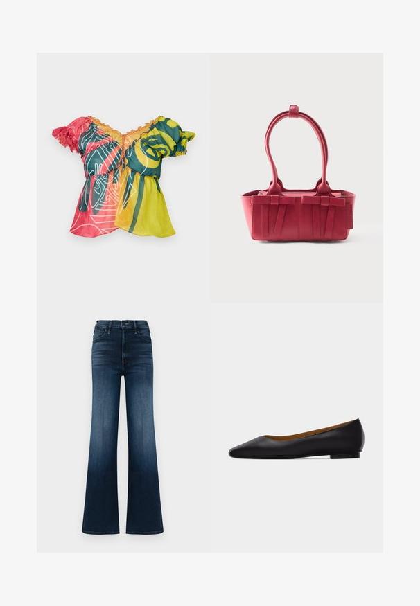 Paolina Russo BABBY DOLL - Top - neon sunset; Denim flared jeans, donkerblauw met een gradient vervaging. Beschikt over vijf zakken en een traditionele knoop- en ritsluiting. Gladde textuur.; Zwarte leren puntschoen met lage hak en gladde afwerking, zijaanzicht op een lichtgrijze achtergrond.; Rode leren handtas met twee bovenhandvatten, decoratieve strikken aan de voorkant en een label aan de zijkant tegen een witte achtergrond.