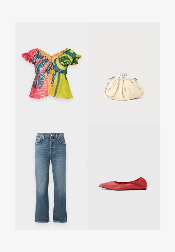 Paolina Russo BABBY DOLL - Top - neon sunset; Lichtblauwe denim jeans met een hoge taille, recht gesneden pijpen en subtiele vervaging. Kenmerken zijn klassieke vijf-pocket styling en een metalen knoopsluiting.; Filippa K REY FLATS - Ballerina's - bright red; Geplooide beige leren clutch met een zilveren metalen frame, voorzien van twee ronde decoratieve sluitingen en een zilveren kettingriem.