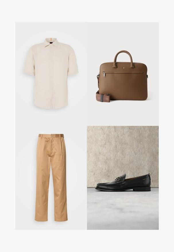 Kortærmet skjorte i lysebeige linned med kravlet krave, forreste knapper og en lige kant. Har en subtil tekstur.; Khaki bukser, blanding af bomuld, lige ben-design, frontfald, bæltesløjfer og knaplukning. Glat tekstur uden mønstre.; Sort læderloafers med guldfarvet metaldekoration og "HUGO" branding, vist mod en beige tæppe og brunt gennemsigtigt møbel.; Brun lædermappe med top håndtag, lomme foran med lynlås og aftagelig matchende skulderrem på hvid baggrund.