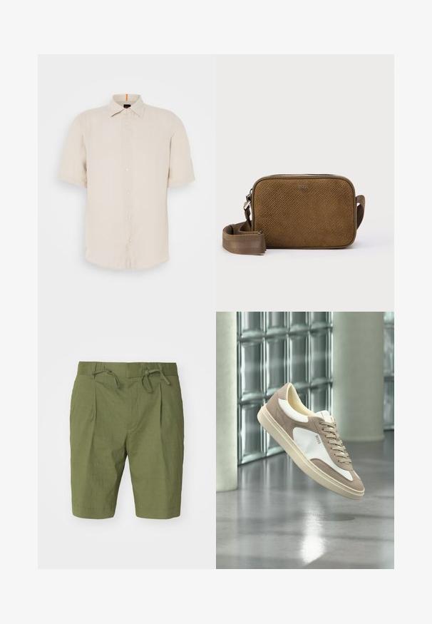 Kortærmet skjorte i lysebeige linned med kravlet krave, forreste knapper og en lige kant. Har en subtil tekstur.; Oliven grønne shorts lavet af letvægtsstof, med en elastisk talje med snøre, plisseret frontdesign og knælængde.; Beige og hvid ruskindssneaker med snørebånd og "BOSS"-logo, der svæver over en poleret beton gulv med glasblokvægge i baggrunden.; Brun ruskinds crossbody-taske med en tekstureret overflade, rektangulær form, frontlogo-detalje og justerbar strop af stof. Sølvfarvede metaldele.