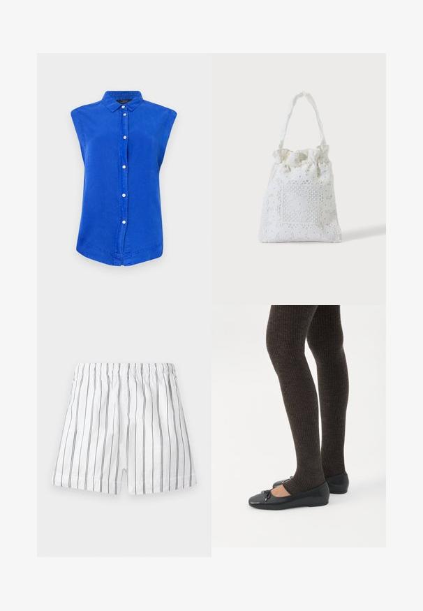 Chemise sans manches bleu en coton, avec un col, une patte de boutonnage sur le devant et un ourlet arrondi. Texture lisse, coupe décontractée.; Shorts blancs avec de fines rayures verticales grises, une taille élastique et une coupe confortable. Fabriqués en tissu léger pour une meilleure respirabilité.; Jambes portant des leggings côtelés foncés associés à des ballerines noires avec de petits détails en nœud sur fond blanc.; Sac cabas en tissu blanc avec broderie florale en dentelle et anse supérieure froncée, présenté sur un fond clair uni.