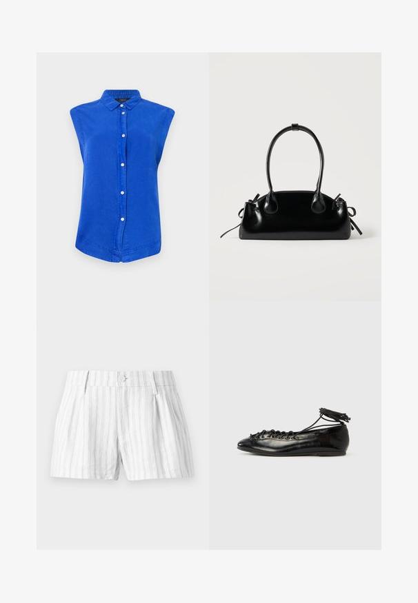 Chemise sans manches bleu en coton, avec un col, une patte de boutonnage sur le devant et un ourlet arrondi. Texture lisse, coupe décontractée.; Shorts en coton blanc avec des rayures verticales gris clair, dotés d'une fermeture à bouton, de plis et de poches latérales. Design simple et décontracté.; Ballerines en cuir verni noir avec un bout rond, un design à lacets et une semelle plate. Texture lisse avec peu de détails.; Petit sac à main noir brillant avec deux longues anses et des détails à cordon sur les côtés sur un fond clair uni.
