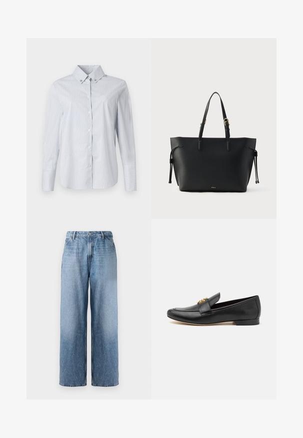 Chemise à rayures bleues claires et blanches, avec un col pointu, des manches longues et un petit logo brodé sur la poitrine.; Jean en denim bleu clair, coupe large, taille haute, avec bouton à l'avant et poches latérales, présenté sur un fond blanc.; Mocassins en cuir noir avec un bout rond, un talon plat et des accents en métal doré sur la sangle. Texture lisse avec des détails de conception minimaux.; Sac cabas en cuir noir avec surface texturée, double poignée et détails à cordon. Design simple avec logo à la base.