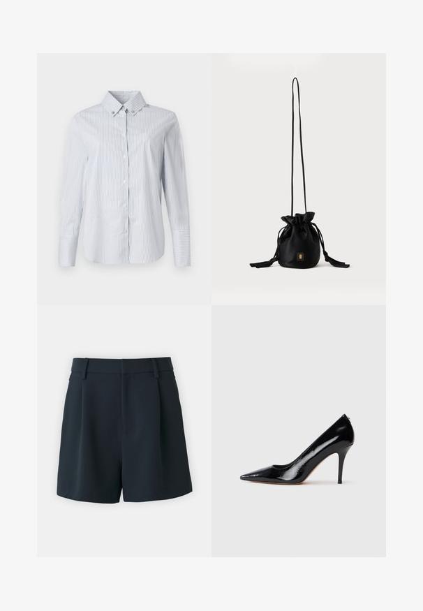 Chemise à rayures bleues claires et blanches, avec un col pointu, des manches longues et un petit logo brodé sur la poitrine.; Good American LUXE SUITING TROUSER - Short - dunkelblau; Escarpin à talon haut en cuir verni noir avec un bout pointu, présentant une texture lisse et un talon aiguille mince. Aucun accessoire visible.; Sac seau noir à cordon avec une longue sangle fine et un petit logo carré doré sur le devant, présenté sur un fond uni.