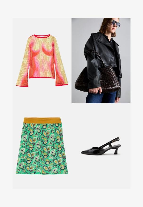 Top en dentelle à manches longues avec un dégradé de jaune, rose et rouge, col rond et manches évasées. La finition est d'un rouge vif.; Lukhanyo Mdingi GISELLE SKIRT - Minijupe - green/mango/purple/yellow/camel; Chaussure slingback en cuir verni noir à petit talon, bout pointu et bride réglable avec boucle dorée sur fond blanc.; DRAGON DIFFUSION SANTA CROCE BIG - Sac à main - dark brown