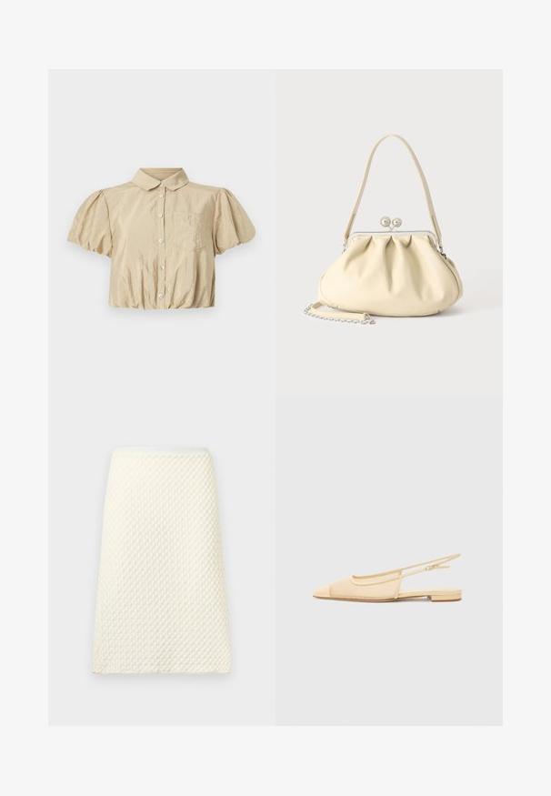Cinq à Sept ALLINAE - Chemisier - khaki; Jupe crayon en maille texturée crème avec une taille haute et un motif festonné subtil.; Chaussure plate slingback en beige clair avec une tige en maille, un bout pointu et un petit talon. Dotée d'une sangle ajustable pour un bon maintien.; Sac à main en cuir souple couleur crème avec un design froncé, fermoir cadre argenté, poignée courte et bandoulière chaîne amovible.