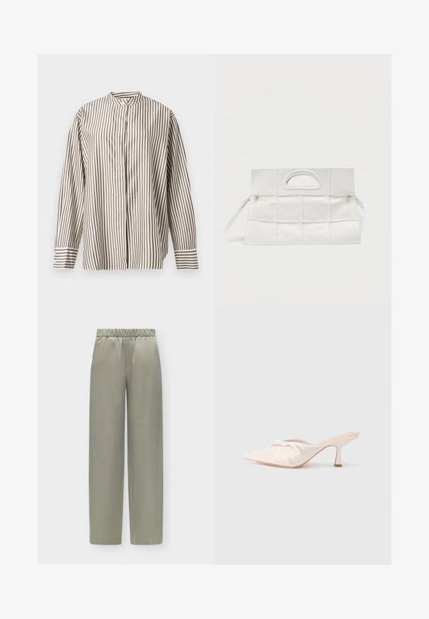 Chemise à manches longues avec des rayures verticales marron et blanches, boutonnée sur le devant, col montant sur un fond uni clair.; Pantalon ample gris clair avec taille élastique et jambes droites, présenté sur un fond blanc uni.; Chaussure mule en tissu beige clair avec un design noué à l'avant, bout pointu et talon fin et effilé. Texture lisse dans l'ensemble.; Sac à main rectangulaire blanc avec un motif en cuir tissé, poignée découpée en haut et bandoulière amovible sur un fond uni.