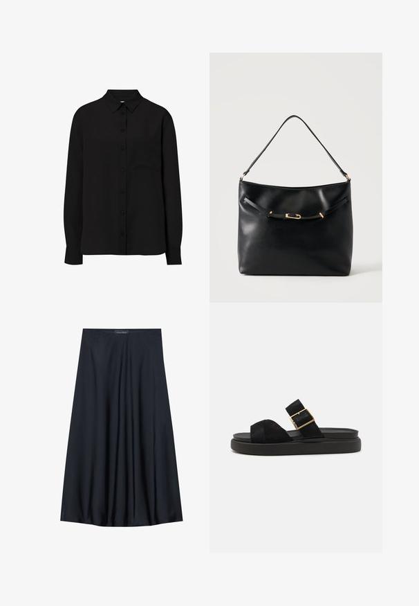Camisa de botones de manga larga negra, fabricada en tejido suave, con un cuello clásico y un bolsillo en el pecho izquierdo. Diseño liso sin patrones.; Falda negra, de largo hasta la rodilla, hecha de una tela ligera con un diseño fluido. Presenta una textura suave y pliegues sutiles como detalle adicional.; Sandalia de ante negra con puntera abierta y una correa ancha, que presenta un detalle de hebilla dorada sobre una suela negra contorneada. Diseño plano con un mínimo de detalles.; Bolso de hombro de cuero negro con una sola correa y un pequeño detalle de hebilla dorada en la parte delantera sobre un fondo claro y liso.
