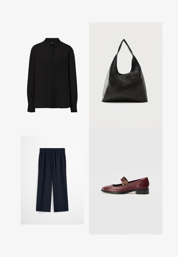 Camisa de botones de manga larga negra, fabricada en tejido suave, con un cuello clásico y un bolsillo en el pecho izquierdo. Diseño liso sin patrones.; Pantalones negros de pierna ancha con cintura elástica, sin bolsillos visibles ni adornos, mostrados sobre un fondo liso.; Tamaris Bailarinas con hebilla - merlot; Bolso de hombro de cuero negro liso con una correa ancha y única y un diseño desenfadado y minimalista sobre un fondo sencillo.