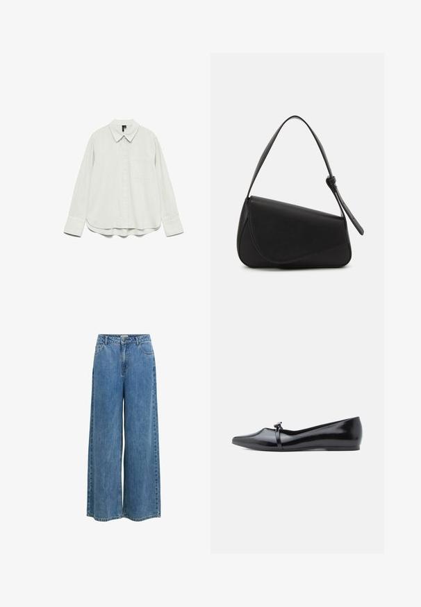 Chemise blanche à manches longues avec col, poche poitrine et larges poignets, présentée à plat sur un fond blanc.; Jean large en denim bleu avec poches avant, passants pour ceinture, et une fermeture à bouton et zip à la taille.; Ballerine en cuir verni noir avec bout pointu, bride décorative et texture lisse. Design minimaliste sans accents visibles.; Sac à main en cuir noir de forme triangulaire, avec un rabat incliné et une poignée supérieure arrondie. Il présente une texture lisse et des détails de design minimalistes.