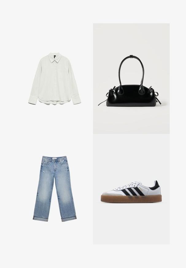 Chemise blanche à manches longues avec col, poche poitrine et larges poignets, présentée à plat sur un fond blanc.; Jean en denim bleu clair avec un design à jambes larges, présentant un ourlet effiloché, un léger effet usé et un style classique à cinq poches.; Baskets en cuir blanc avec des rayures noires, semelle extérieure en caoutchouc beige, bout rond, fermeture lacée et embout en suède gris doux.; Petit sac à main noir brillant avec deux longues anses et des détails à cordon sur les côtés sur un fond clair uni.