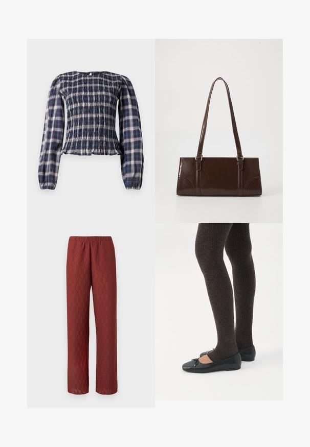 Blouse à manches longues en tartan bleu marine avec un corsage smocké et des poignets froncés, dotée d'une petite ouverture en forme de clé avec bouton de fermeture au dos du col.; Pantalon rouge à jambes larges en tissu texturé avec un motif ondulé ; doté d'une ceinture élastique et d'une coupe décontractée.; Jambes portant des leggings côtelés foncés associés à des ballerines noires avec de petits détails en nœud sur fond blanc.; Sac à main en cuir verni marron de forme rectangulaire, avec deux longues poignées et des accents courbés subtils à l'avant.