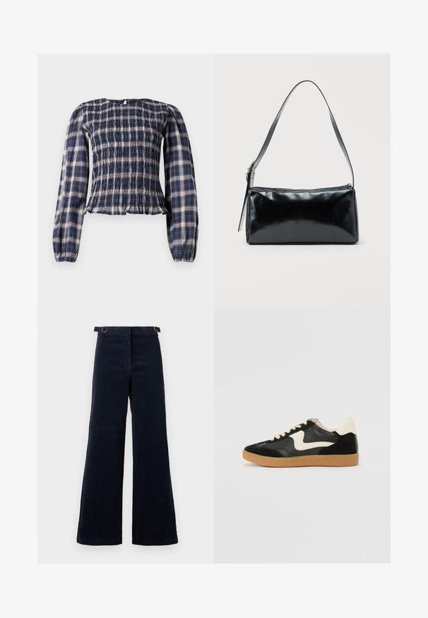 Blouse à manches longues en tartan bleu marine avec un corsage smocké et des poignets froncés, dotée d'une petite ouverture en forme de clé avec bouton de fermeture au dos du col.; Pantalon large en velours côtelé bleu marine foncé avec des sangles réglables sur les côtés à la taille, sur un fond uni.; Baskets en daim et cuir noir avec un swoosh latéral crème et un talon crème clair. Dotées de lacets beige et d'une semelle en caoutchouc gomme.; Sac d'épaule rectangulaire noir avec une sangle réglable unique et une fermeture éclair supérieure sur un fond uni.