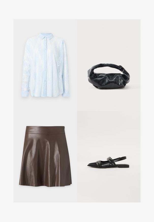 Γυναικεία μπλε ανοιχτού χρώματος μακρυμάνικη δαντελένια μπλούζα με γιακά και κουμπιά μπροστά, με λουλουδένια σχέδια δαντέλας και ημιδιάφανο ύφασμα.; Σκούρα καφέ φούστα σε σχήμα Α από συνθετικό δέρμα με ψηλή μέση και λεία, ελαφρώς γυαλιστερή υφή.; Even&Odd Μπαλαρίνες με λουράκι στον αστράγαλο - black; Μαύρη τσάντα φτιαγμένη από γυαλιστερό, υφασμάτινο υλικό με κυκλική, στροβιλισμένη λαβή και κλείσιμο με φερμουάρ. Διαθέτει ένα μαλακό, ζαρωμένο σχέδιο.
