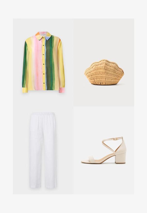 Blouse colorée à manches longues présentant des rayures verticales en rose, jaune, vert et orange. Confectionnée dans un tissu doux avec un col et un devant à boutons.; ASPESI PANTALONE - Pantalon classique - white; Sandales à talon bloc beiges présentant un design minimaliste, bout ouvert et une sangle de cheville ajustable avec une boucle dorée. Texture lisse.; Sac à main en rotin tissé en forme de coquille Saint-Jacques de couleur brun clair naturel avec des bords arrondis et texturés.
