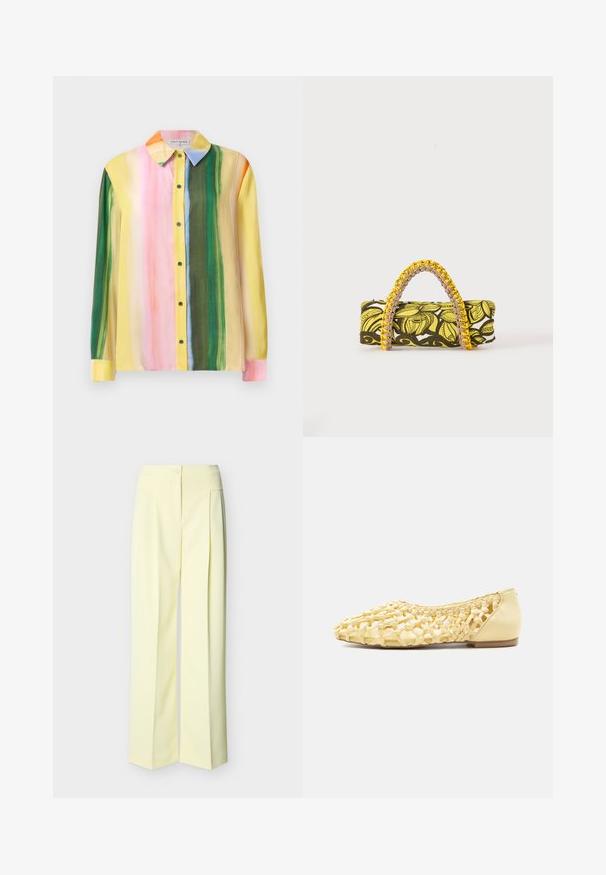 Blouse colorée à manches longues présentant des rayures verticales en rose, jaune, vert et orange. Confectionnée dans un tissu doux avec un col et un devant à boutons.; Pantalon ample taille haute jaune pâle avec fermeture à bouton et zip sur le devant, et détails plissés sur un fond uni.; Chaussure plate en cuir tressé jaune clair avec talon fermé et design en treillis ouvert, adaptée pour un usage décontracté.; Sac rectangulaire avec motif floral jaune et noir et anse tressée jaune et rose sur fond blanc.