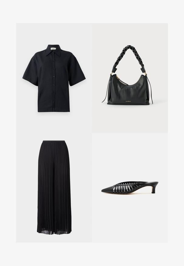 Camisa negra de botones con mangas cortas, con un patrón a rayas, cuello extendido y cierre de botones en el frente. Textura suave, corte relajado.; Pantalones anchos de pierna amplia, plisados y color negro, con una cinturilla elástica. Fabricados en un tejido ligero, con pliegues verticales en toda su extensión.; Zapato mule de cuero negro con punta afilada, diseño de tiras con recortes y tacón bajo tipo kitten sobre fondo blanco.; Bolso de mano de cuero negro con un diseño texturizado y plisado, con un asa trenzada y herrajes en tono dorado, incluyendo un cierre de cremallera.