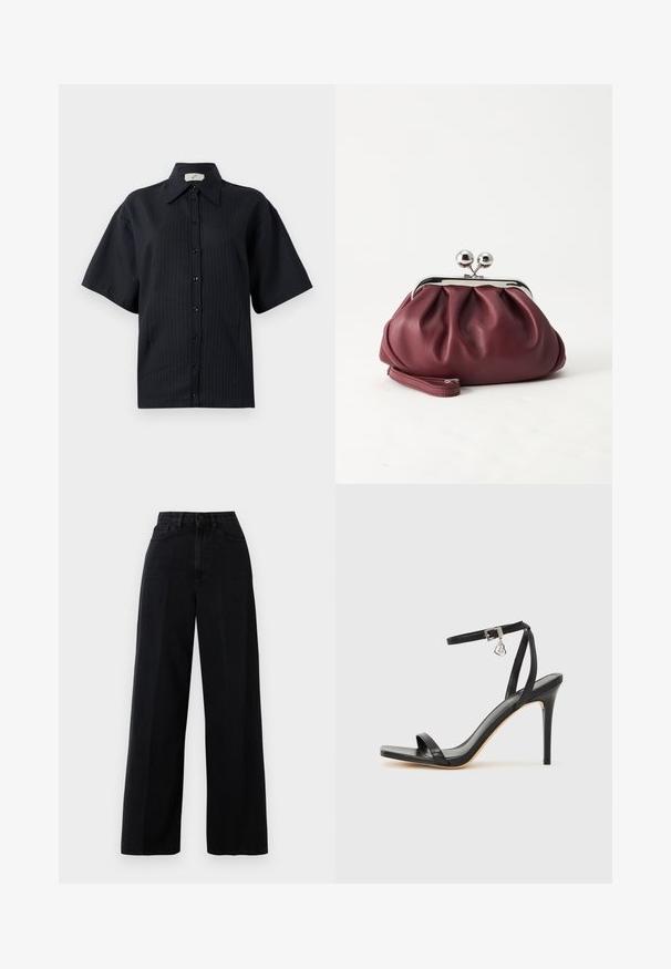 Sort knap-shirt med korte ærmer, der har et stribet mønster, spredt krave og frontknaplukning. Glat tekstur, afslappet pasform.; Sorte wide-leg jeans lavet af denim, med høj talje, forlommer og knaplukning. Stoffet har en glat tekstur.; Sort hæl-sandal med smal ankrem, firkantet tå-boks, glat lædermateriale og metalspænde som pynt.; Lille bordeauxlæder clutch-pung med sølv metal lukning og håndledsrem på hvid baggrund.