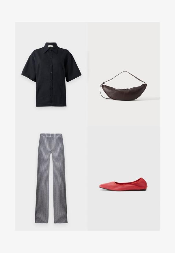 Sort knap-shirt med korte ærmer, der har et stribet mønster, spredt krave og frontknaplukning. Glat tekstur, afslappet pasform.; Bredde bukser i et mørkt stribet design med lodrette linjer i grå, marineblå og hvid. Elastisk talje og blød tekstur.; Filippa K REY FLATS - Ballerinasko - bright red; Mørkebrun læder skuldertaske i halvmåneform med buet rem og synlige syninger på ensfarvet baggrund.