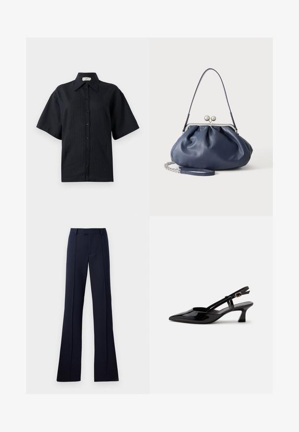 Chemise noire à manches courtes, avec un motif rayé, col évasé et fermeture par boutons sur le devant. Texture lisse, coupe décontractée.; Pantalons évasés bleu marine en tissu lisse. Présentent un devant plat, des passants de ceinture et des plis pressés. Aucun motif ni accent visible.; Chaussure slingback en cuir verni noir à petit talon, bout pointu et bride réglable avec boucle dorée sur fond blanc.; Sac à main en cuir bleu marine doux avec fermeture à boucle argentée, une seule bandoulière, et une chaîne de poignet amovible sur fond blanc.