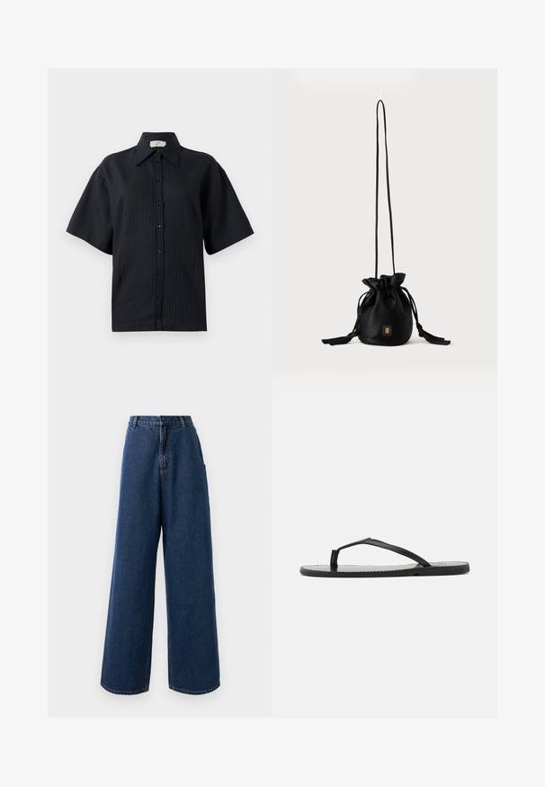 Zwarte geknoopte overhemd met korte mouwen, voorzien van een gestreept patroon, een gespreide kraag en een knoopsluiting aan de voorkant. Gladde textuur, ontspannen pasvorm.; Hoge taille wijde jeans in donkerblauwe denim met een sluiting aan de voorkant met knoop en rits, riemlussen en zijzakken.; Zwarte teenslippers met een minimalistisch ontwerp, voorzien van dunne banden en een platte zool. Het materiaal lijkt op plastic met een gladde textuur.; Zwarte bucketbag met trekkoord, lange dunne band en klein goudkleurig vierkant logo aan de voorkant, weergegeven tegen een eenvoudige achtergrond.