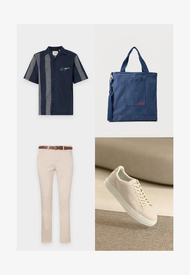 Kortærmet navy skjorte lavet af bomuld med hvide rute-mønstrede striber og "Capri" branding på brystet. Knappedesign.; Beige chinos lavet af bomuld, med et brunt læderbælte, standardlommer og en skræddersyet pasform med lige ben.; Beige ruskinds sneakers med hvid sål og snørebånd, vist svævende over tekstureret beige tæppe mod en blød beige baggrund.; Blå lærredstote taske med frontlomme og rød "O.N.S" broderi, med to håndtag og en justerbar skulderrem.