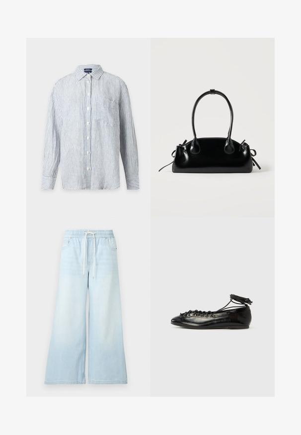 Chemise à manches longues boutonnée avec des rayures verticales blanches et bleu clair, une poche poitrine avant et un col classique.; Pantalon en jean bleu clair à jambes larges avec taille élastique et cordon blanc, doté de poches avant et d’un léger effet délavé.; Ballerines en cuir verni noir avec un bout rond, un design à lacets et une semelle plate. Texture lisse avec peu de détails.; Petit sac à main noir brillant avec deux longues anses et des détails à cordon sur les côtés sur un fond clair uni.