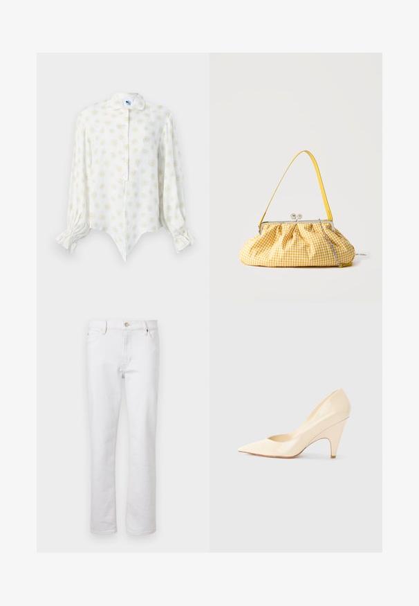 Hvid bluse med lange ærmer med gule og hvide margueritmønstre, knaplukning foran, spids kant og rynkede manchetter.; Hvide denim jeans med lige ben, fem-lomme design, lys syning og sølvknaplukning. Glat tekstur og minimal detaljer.; Beige patentlæder højhælede pumps med spids tå og slank hæl, der har en glat, blank overflade og en ren silhuet.; Håndtaske i gul og hvid ternet stof med metalspænde, et gult håndtag og en sølvkæde på en ensfarvet baggrund.