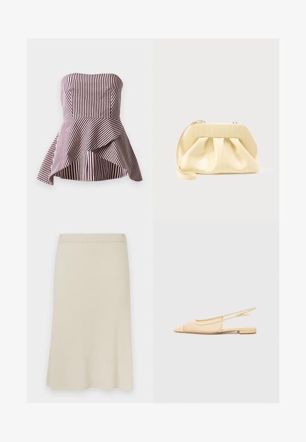 Haut peplum sans bretelles en rayures rouge foncé et crème, présentant un corsage ajusté et un ourlet évasé et superposé pour plus de texture.; Jupe tricotée de couleur crème avec une ceinture ajustée, une forme évasée et une texture lisse. Design simple sans motifs ni accents visibles.; Chaussure plate slingback en beige clair avec une tige en maille, un bout pointu et un petit talon. Dotée d'une sangle ajustable pour un bon maintien.; Pochette en cuir couleur crème avec un cadre supérieur structuré et une lanière pour poignet, présentée sur un fond clair uni.