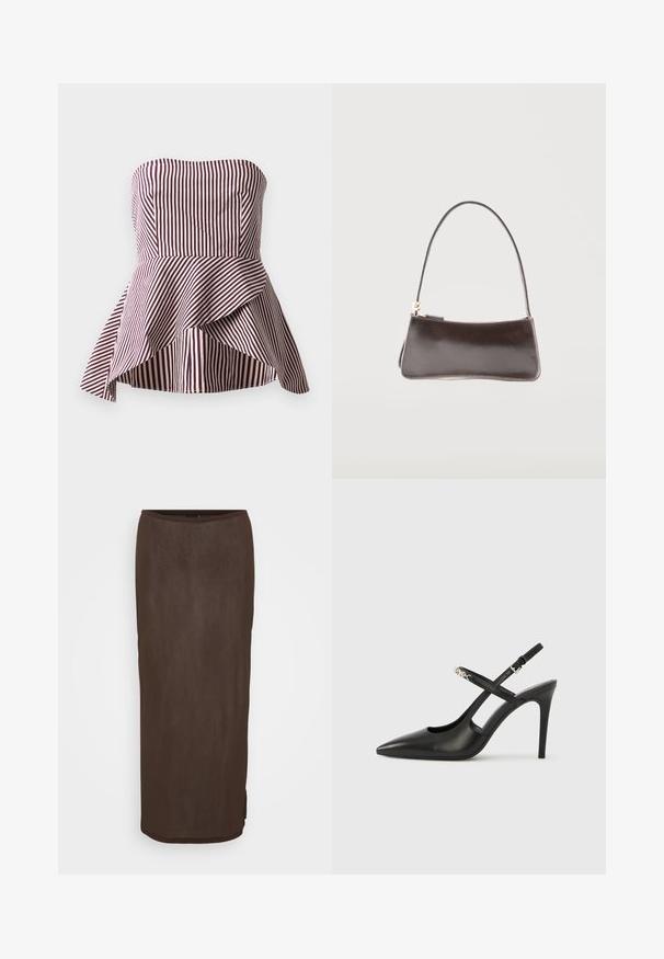 Haut peplum sans bretelles en rayures rouge foncé et crème, présentant un corsage ajusté et un ourlet évasé et superposé pour plus de texture.; Jupe marron, à mi-mollet, ajustée avec une texture lisse et un léger brillant. Présente un ourlet arrondi et une fente latérale discrète pour plus de facilité de mouvement.; Escarpins slingback en cuir noir avec bout pointu, design ajouré et bride ajustable ornée de ferrures métalliques.; Petit sac à main rectangulaire en cuir marron foncé avec une bandoulière unique et une fermeture éclair dorée.