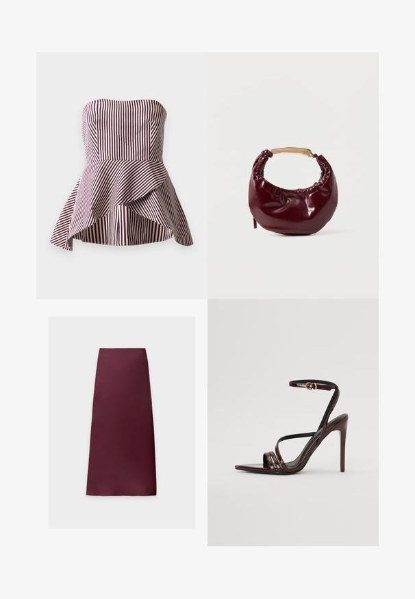 Haut peplum sans bretelles en rayures rouge foncé et crème, présentant un corsage ajusté et un ourlet évasé et superposé pour plus de texture.; Jupe midi droite de couleur bordeaux foncé unie, en tissu lisse sans motifs ni ornements visibles.; Sandale à talons hauts en cuir verni bourgogne avec une bride de cheville, bout pointu et trois bandes horizontales sur le pied. Détail de boucle dorée.; Sac à main en simili cuir bordeaux avec une forme arrondie, des détails froncés et une anse en métal doré. Texture lisse et finition brillante.