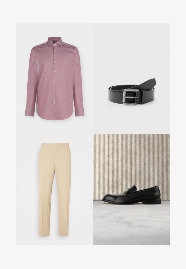 Chemise pour homme à manches longues boutonnée, avec de fines rayures verticales rouges et blanches et un col pointu sur un fond uni.; Pantalons beige ajustés avec une coupe droite, fabriqués en tissu léger, dotés de deux poches avant et de plis bien repassés.; Mocassin en cuir noir avec un accent métallique, présenté en lévitation au-dessus d'un tapis beige, avec une table ronde de couleur ambre en arrière-plan.; Ceinture en cuir noir enroulée avec une boucle métallique rectangulaire argentée gravée "BOSS" sur un fond gris clair.