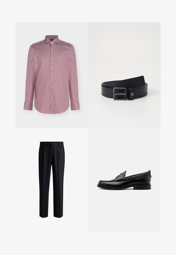 Chemise pour homme à manches longues boutonnée, avec de fines rayures verticales rouges et blanches et un col pointu sur un fond uni.; Pantalons noirs en tissu lisse, avec une coupe droite, des plis à l'avant et une fermeture à bouton avec passants de ceinture.; Mocassin homme en cuir noir avec couture moc toe, bride penny, col texturé et petit talon empilé sur fond blanc.; Ceinture en cuir noir à finition lisse, boucle en métal et détails en surpiqûre rouge. Présente un logo près de la boucle et plusieurs trous d'ajustement.