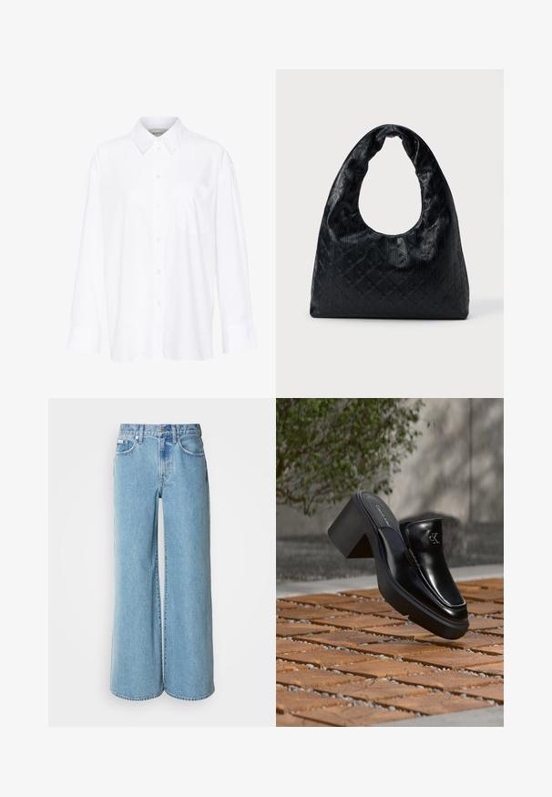 Witte lange mouwen overhemd met kraag van katoen. Voorzien van een knoopsluiting aan de voorkant en een enkele borstzak. Een gladde textuur en een ontspannen pasvorm.; Lichtblauwe wijde jeans van denim, met een hoge taille, vijf pockets en subtiele vervaging langs de stof.; Zwarte leren Calvin Klein slip-on mule met blokhak rustend op houten tegels buiten, vlak bij een groene plant en een grijze muur.; Zwarte leren handtas met een gestructureerde, ronde vorm, voorzien van een grote, halve maan uitgesneden handgreep en een textuur met een ruitpatroon.
