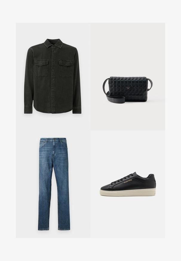 Mørkegrøn skjorte med knapper lavet af blødt stof, med krave, to brystlommer, lange ærmer og lige kant.; Mørkeblå denim jeans med lige ben, fem-lomme design, synlig syning og en klassisk knaplukning. Let vaskeeffekt på stoffet.; Sorte lædersneakers med en glat finish, kontrasterende cremefarvet sål, rund tå, guld logo på siden og seks huller til snørebånd.; Sort tekstureret crossbodytaske med klaplukning og et lille metallogo foran, vist mod en ensfarvet baggrund.