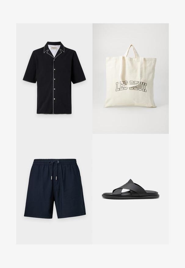 Schwarzes kurzärmliges Hemd mit Kragen, mit weißen Kontrastnähten entlang der Kanten und Knöpfen auf der Vorderseite. Strukturierten Stoff.; Marineblaue Shorts aus leichtem Stoff, mit einem elastischen Bund und einem Zugband mit silbernen Metallenden sowie Seitentaschen.; Stuart Weitzman BERKLEY - Pantolette flach - black; Leinene Tragetasche in Off-White, mit kurzen Henkel und dem aufgedruckten Text "LES DEUX" in fetten schwarzen Buchstaben. Strapazfähiges, schlichtes Design.
