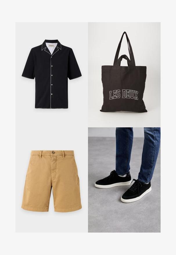 Zwarte korte mouw shirt met een kraag, met witte contrasterende stiksels langs de randen en knopen aan de voorkant. Geweven stof.; Beige katoenen shorts met een knoopsluiting, riemlussen en gestikte zomen. Heeft twee voorzakken en een klassieke, rechte pasvorm.; Zwarte suede sneakers met een witte rubberen zool, met een klassiek low-top ontwerp, een ronde neus en flat zwarte veters.; Zwarte canvas draagtas met twee sterke handvatten, featuring witte tekst "LES DEUX" aan de voorkant, gladde textuur, rechthoekige vorm.