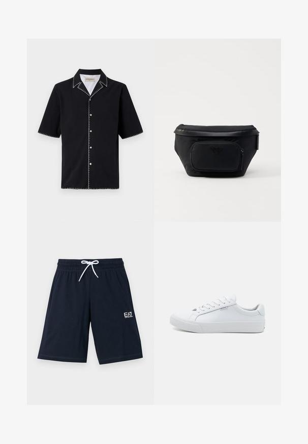 Camisa negra de manga corta con cuello, que presenta costuras en contraste blancas a lo largo de los bordes y botones en la parte delantera. Tejido texturizado.; Pantalones cortos de color azul marino hechos de una tela suave con una cinturilla elástica y cordones blancos. Presentan un pequeño logo blanco en la parte inferior izquierda.; Zapatillas deportivas de cuero blanco con un acabado suave, diseño bajo, punta redonda y suela plana de goma. Con cordones planos y un branding mínimo.; Bolsa negra de nailon con un bolsillo delantero con cremallera, presenta una textura lisa y un acento de logo. Diseño estructurado con una tapa plegable.