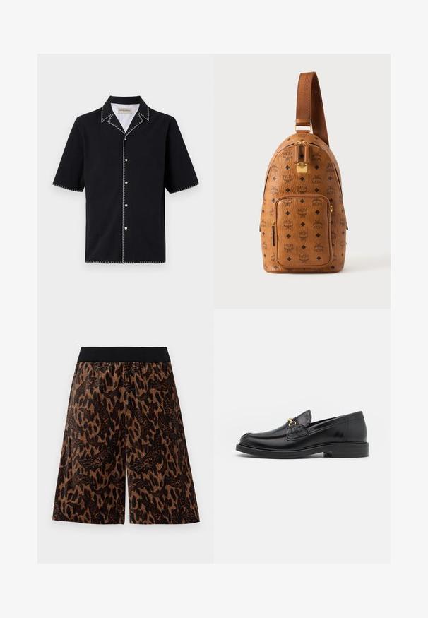 Camisa negra de manga corta con cuello, que presenta costuras en contraste blancas a lo largo de los bordes y botones en la parte delantera. Tejido texturizado.; Pantalones cortos de pierna ancha con estampado animal marrón y negro, con una cinturilla elástica negra, exhibidos contra un fondo blanco.; Mocasines de cuero negro con punta redondeada, que cuentan con un detalle de herrajes dorados y costuras, situados sobre una suela de goma texturizada y baja.; Mochila bandolera de cuero marrón con patrón de diamante negro y logo MCM, bolsillo delantero con cremallera, cremallera dorada y correa ajustable.