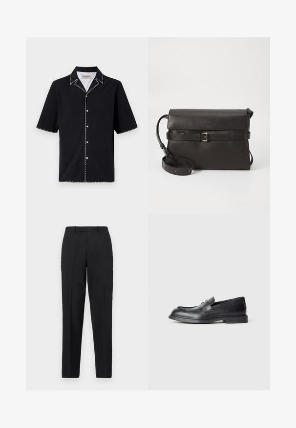 Schwarzes kurzärmliges Hemd mit Kragen, mit weißen Kontrastnähten entlang der Kanten und Knöpfen auf der Vorderseite. Strukturierten Stoff.; Theory STRAIGHT - Stoffhose - deep black; Schwarze Lederloafer mit strukturierter Oberfläche, versehen mit einem dekorativen Frontriemen und einer abgerundeten Spitze. Gummisohle für Langlebigkeit.; Schwarze Lederhandtasche mit umklappbarem Deckel, goldfarbener Schnallenakzent, verstellbarem Tragegurt und einer strukturierten rechteckigen Form.