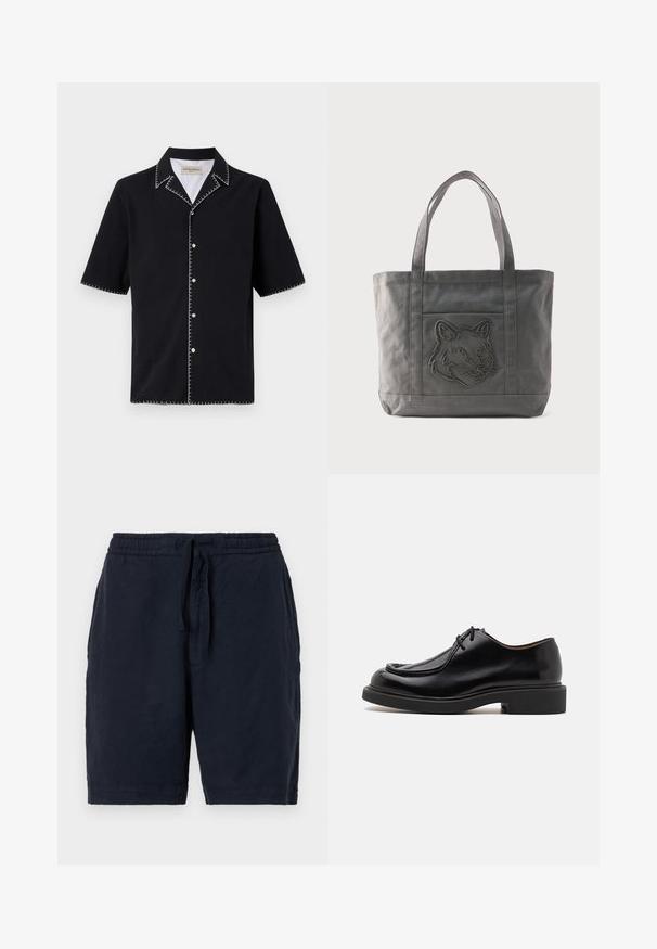 Camisa negra de manga corta con cuello, que presenta costuras en contraste blancas a lo largo de los bordes y botones en la parte delantera. Tejido texturizado.; Pantalones cortos de lino azul marino con cintura elástica y cordón, que presentan un ajuste relajado y una superficie ligeramente texturizada.; Zapato de cuero negro con punta redondeada, detalles de costura, cordones mínimos y suela de goma gruesa para tracción y durabilidad.; Bolsa de lona gris con dos asas y un bolsillo delantero que presenta un diseño de cabeza de lobo bordado.