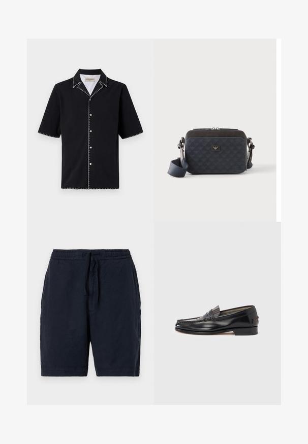 Camisa negra de manga corta con cuello, que presenta costuras en contraste blancas a lo largo de los bordes y botones en la parte delantera. Tejido texturizado.; Pantalones cortos de lino azul marino con cintura elástica y cordón, que presentan un ajuste relajado y una superficie ligeramente texturizada.; Mocasines de cuero negro con diseño estilo mocasín, con una banda decorativa y detalles de costura en la parte superior. Tacón bajo y cuadrado.; Bolso bandolera rectangular de color azul oscuro con correa ajustable, cierre de cremallera y un sutil patrón de logo en el panel frontal.