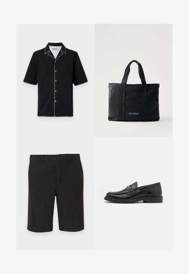 Camisa negra de manga corta con cuello, que presenta costuras en contraste blancas a lo largo de los bordes y botones en la parte delantera. Tejido texturizado.; Pantalones cortos de lino negros con cierre de botones en la parte delantera, diseño de frente plano y corte recto. Tejido ligero con un acabado suave.; Mocasines de cuero negro con punta redondeada, que cuentan con un detalle de herrajes dorados y costuras, situados sobre una suela de goma texturizada y baja.; Bolsa tote de lona negra con dos asas, bolsillo frontal y "LES DEUX" bordado en azul en el bolsillo delantero.