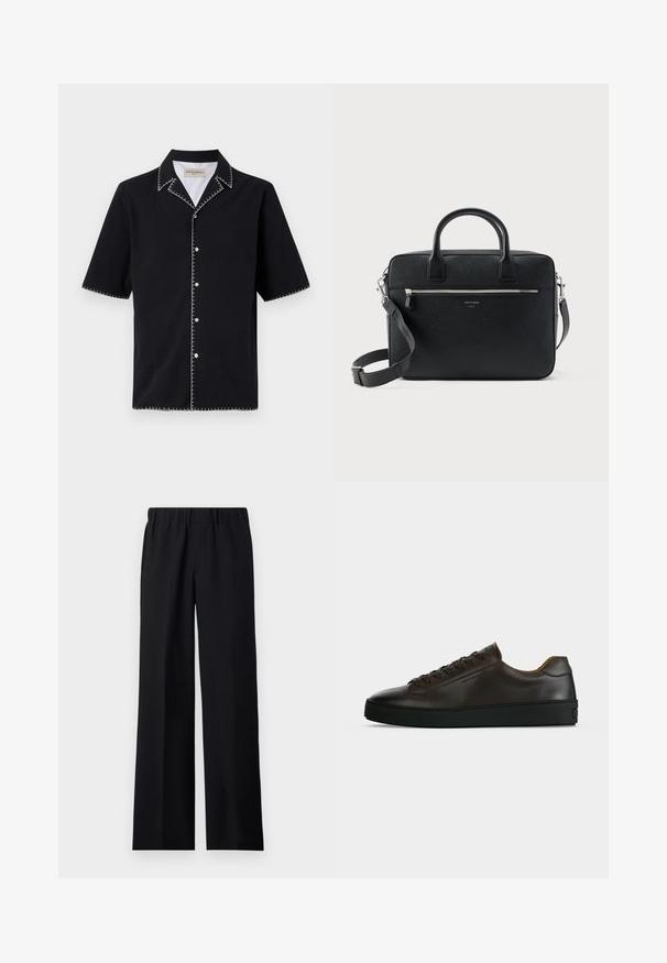 Camisa negra de manga corta con cuello, que presenta costuras en contraste blancas a lo largo de los bordes y botones en la parte delantera. Tejido texturizado.; sandro LARGE - Pantalones - noir; Zapatilla de perfil bajo de cuero marrón oscuro con suela de goma negra, cierre de cordones y diseño liso y minimalista sobre un fondo claro.; Maletín rectangular de cuero negro con textura, con doble asa, bolsillo frontal con cremallera y correa de hombro ajustable, mostrado sobre fondo blanco.
