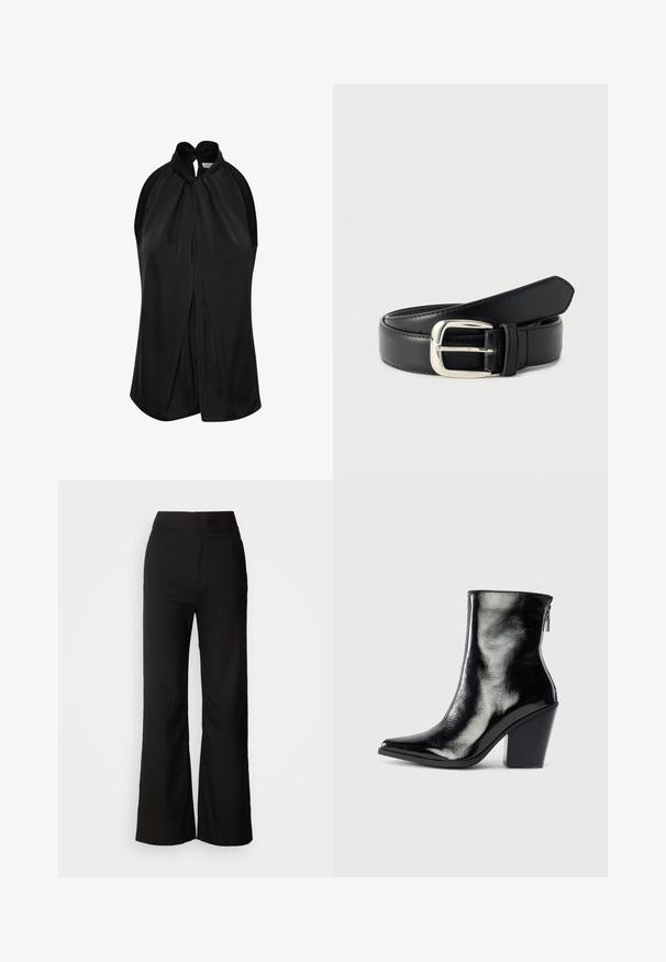 Sort ærmeløs top med halterneck og knudedetalje, blødt stof og en draperet design, der flyder løst fra skuldrene.; Sorte bukser med bred benvidde, glat tekstur, høj talje og et enkelt design. Ingen synlige lommer eller udsmykninger.; Sorte læder ankelstøvler med en blank finish, spidse tæer og blokhæle. Har en sidezipper for nem på- og aftagning.; Sort læderbælte med sølvrektangulært spænde, rullet sammen og liggende på en hvid overflade.