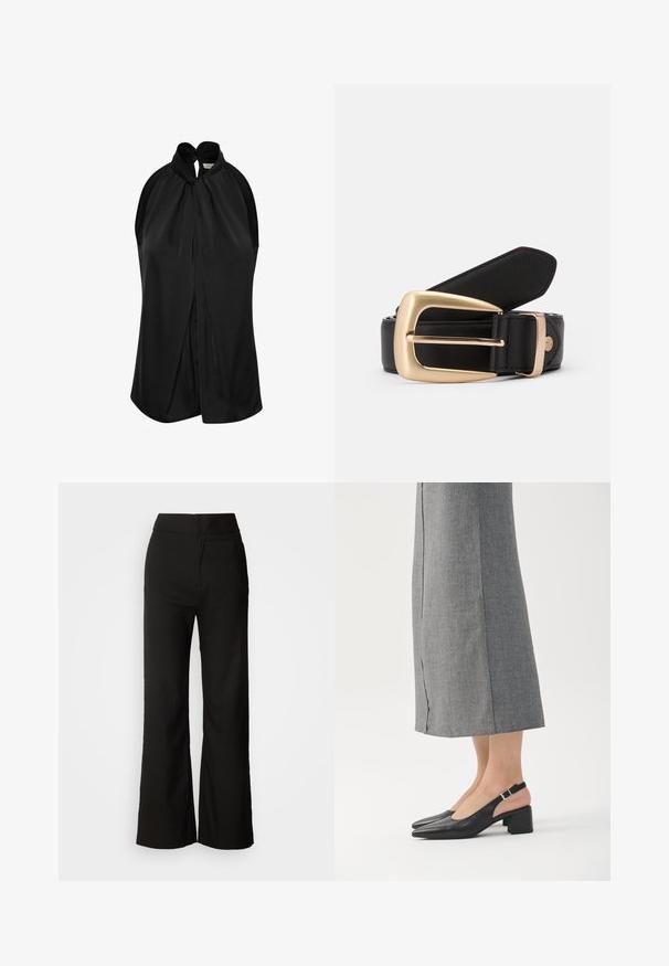 Sort ærmeløs top med halterneck og knudedetalje, blødt stof og en draperet design, der flyder løst fra skuldrene.; Sorte bukser med bred benvidde, glat tekstur, høj talje og et enkelt design. Ingen synlige lommer eller udsmykninger.; Sorte læder slingback sko med spids tå, blokhæl og kontrasterende lyserød hælafslutning. Glat tekstur med minimalistisk design.; Sort læderbælte med en gylden rektangulær spænde. Bæltet har en glat overflade og en subtil syning langs kanterne.