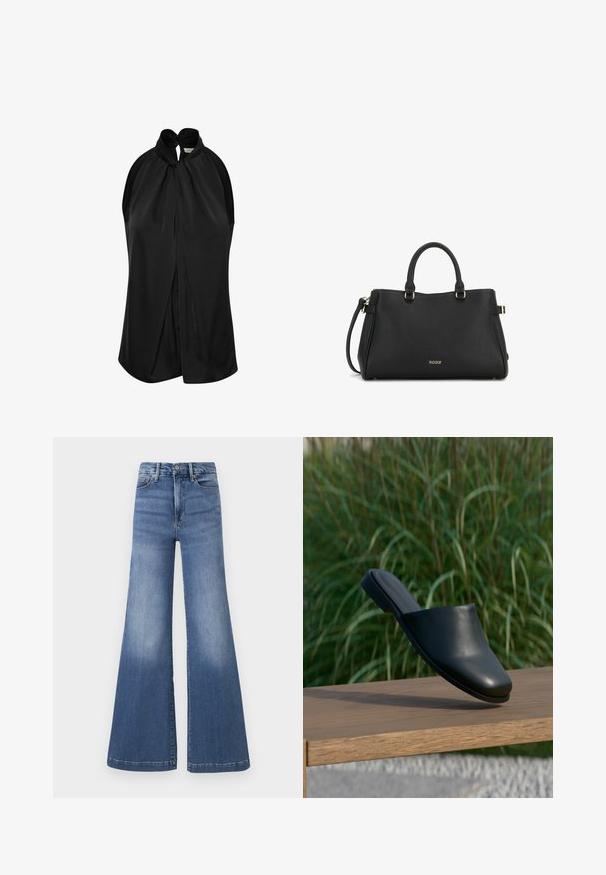 Top negro sin mangas con un cuello halter y un detalle de nudo, fabricado en una tela suave, con un diseño drapeado que cae libremente desde los hombros.; Good American GOOD WAIST PALAZZO COMPRESSION - Vaqueros a campana - indigo; Zapato mule negro de piel sin cordones flotando sobre un banco de madera con hierba alta y verde al fondo.; Bolso de mano de cuero negro con superficie texturizada, dos asas en la parte superior, correa para el hombro desmontable y logotipo en tono dorado en la parte frontal.